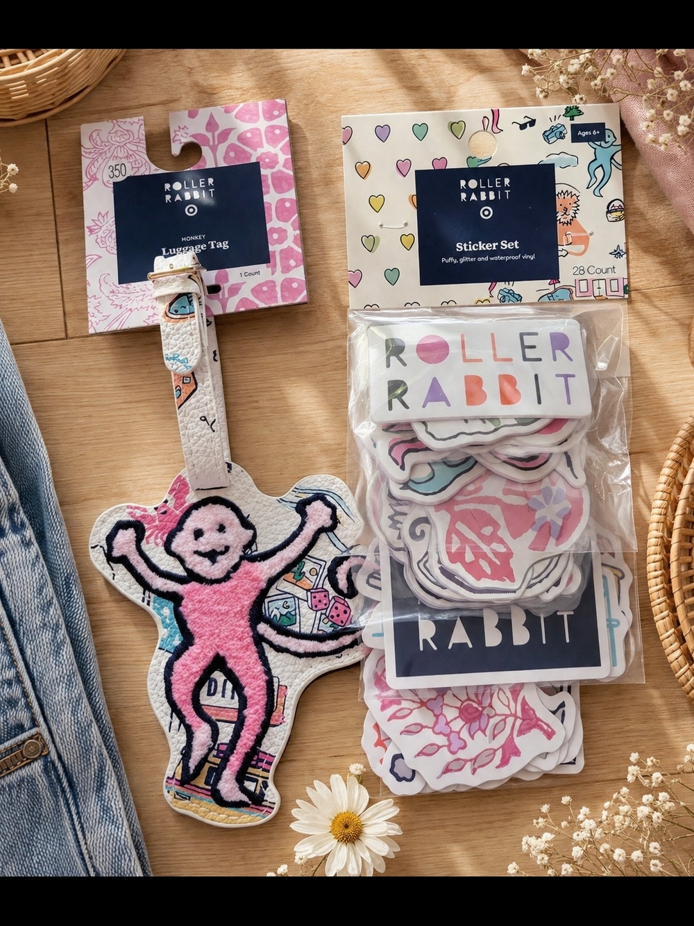 Roller Rabbit Pink Monkey Luggage Tag & Sticker Pack